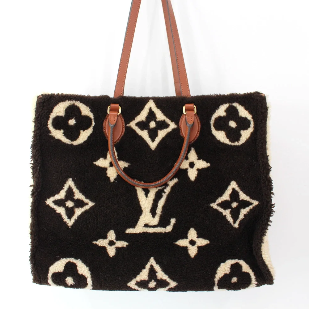 Louis Vuitton Onthego GM Monogram Brown Teddy Tote LV Fleece Leather Strap Bag